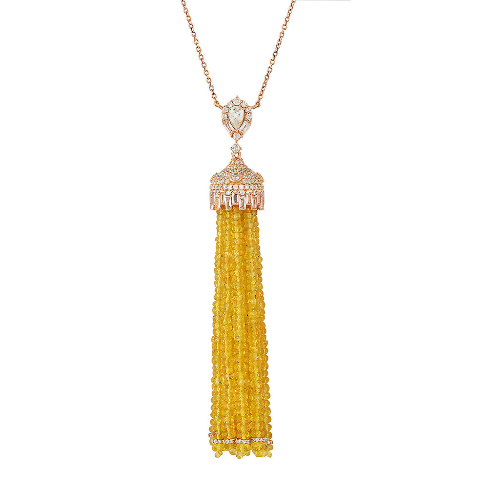 Faceted Yellow Sapphire Beaded Pave Diamond Tassel Matinee Necklace In 18k Rose Gold