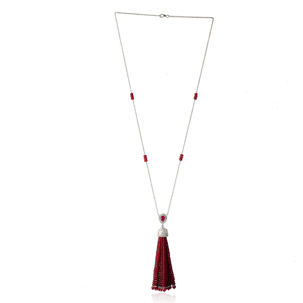 Faceted Beads Ruby July Birthstone Natural Diamond Tassel Matinee Necklace In White Gold Sale