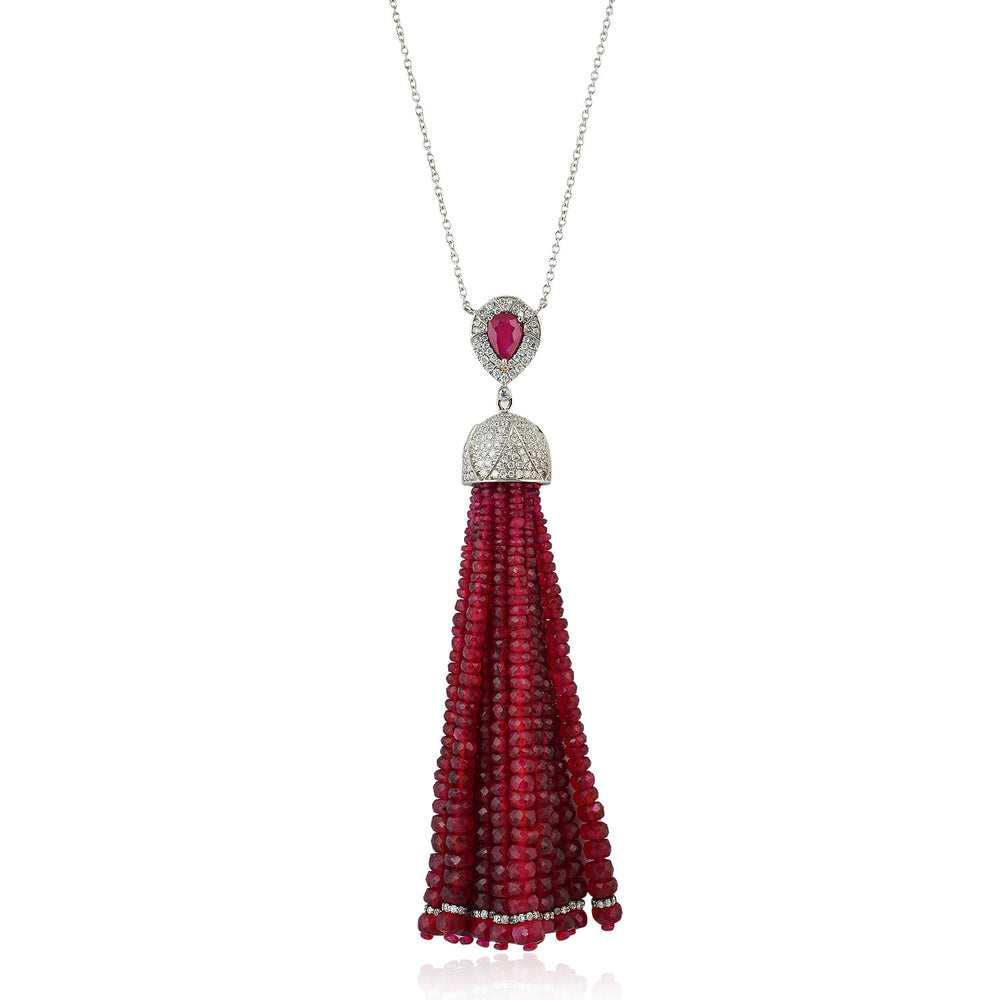 Faceted Beads Ruby July Birthstone Natural Diamond Tassel Matinee Necklace In White Gold Sale