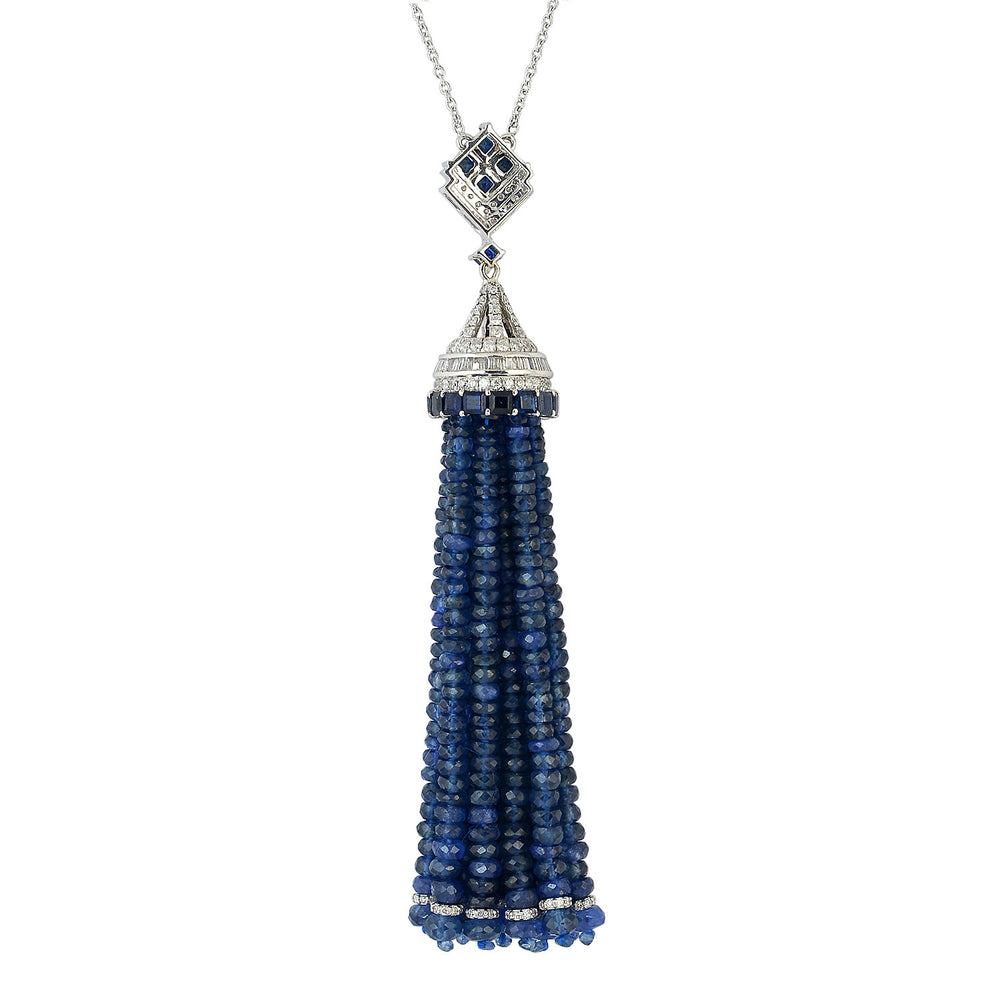 Faceted Beaded Blue Sapphire Baguette Diamond Tassel Matinee Necklace In White Gold