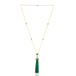 Yellow Gold Faceted Beads Emerald Channel Set Baguette Diamond tassel Matinee Necklace