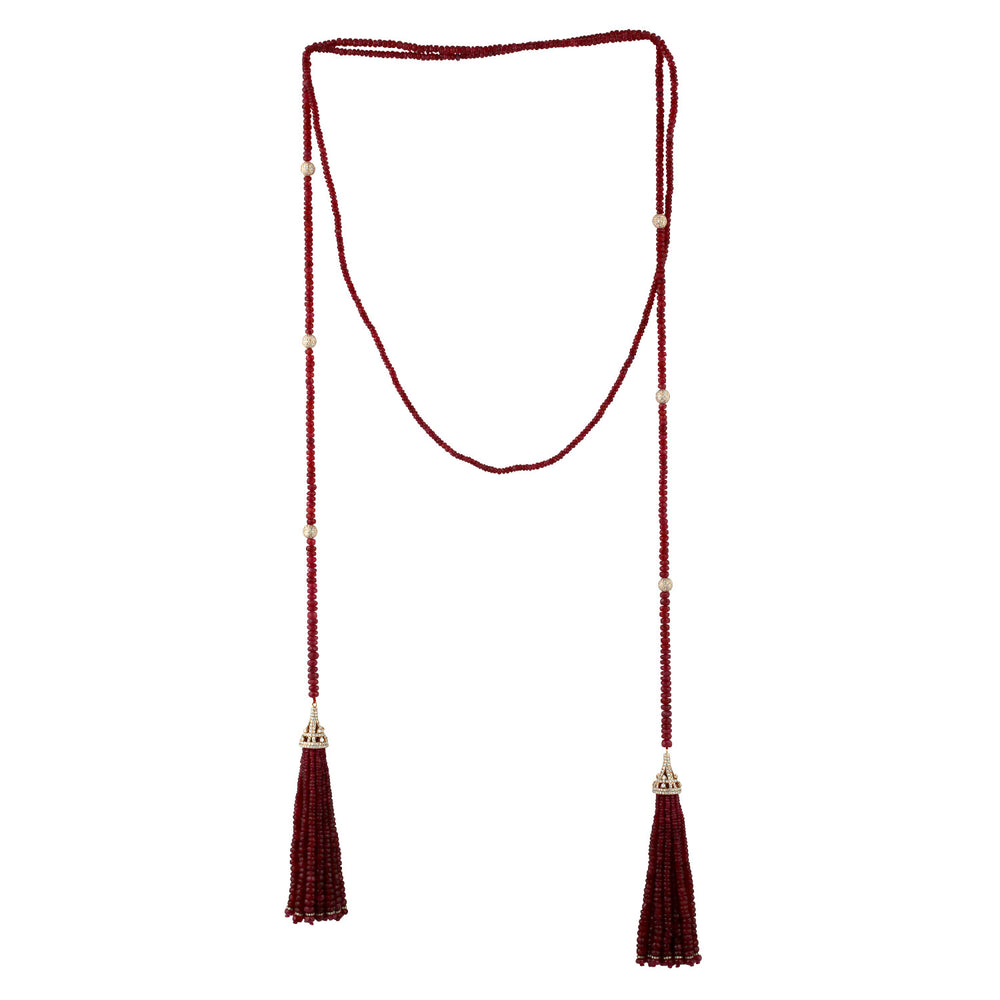 Faceted Ruby Beads Pave Natural Diamond Tassel Rope Lariat Necklace In 18K Rose Gold Jewelry