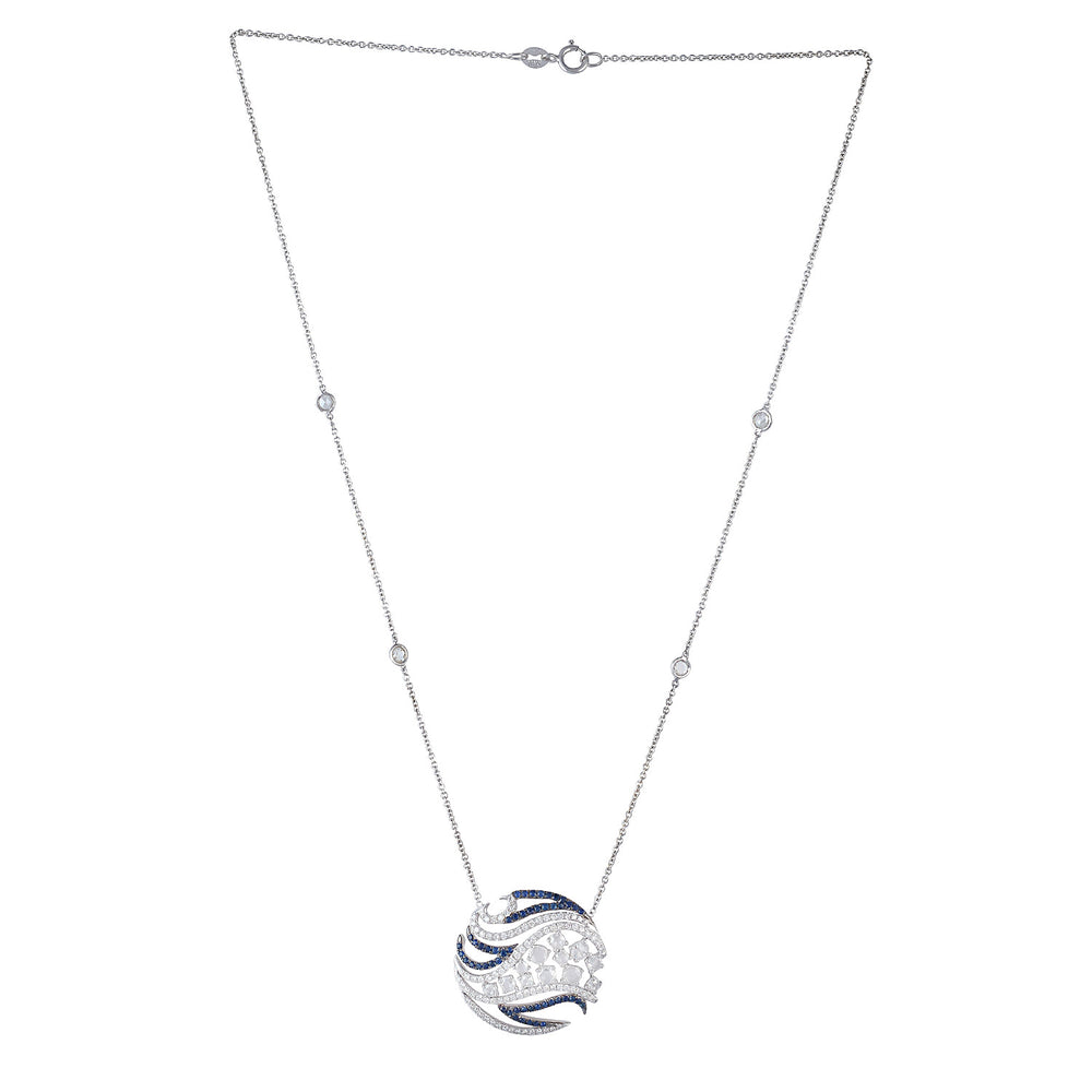 Blue Sapphire Pave Uncut Diamond Geometric Princess Necklace In White Gold