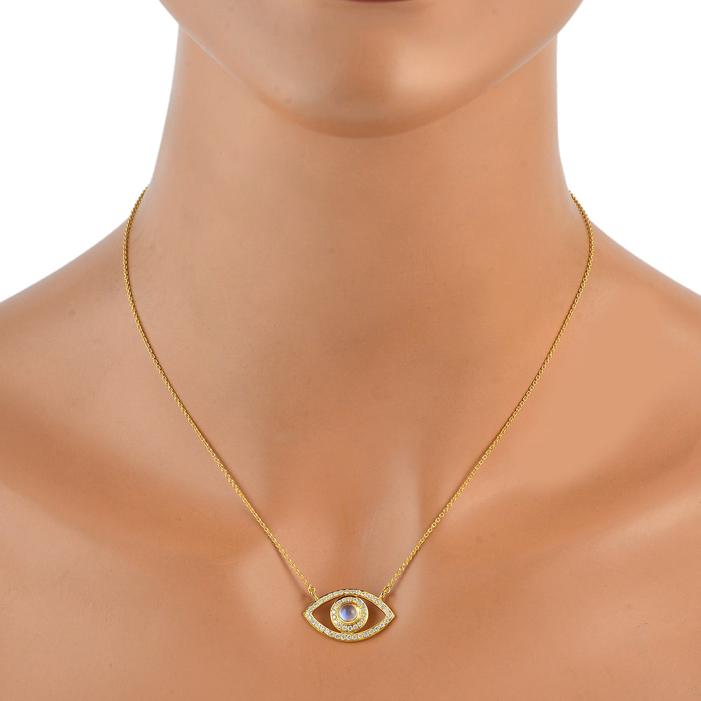 Round Cut Moonstone Pave Diamond Evil Eye Choker Necklace In Yellow Gold