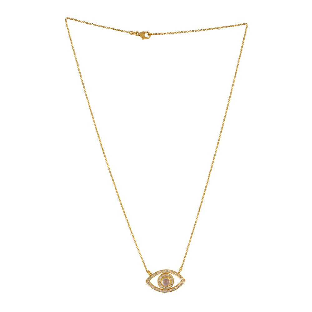 Round Cut Moonstone Pave Diamond Evil Eye Choker Necklace In Yellow Gold