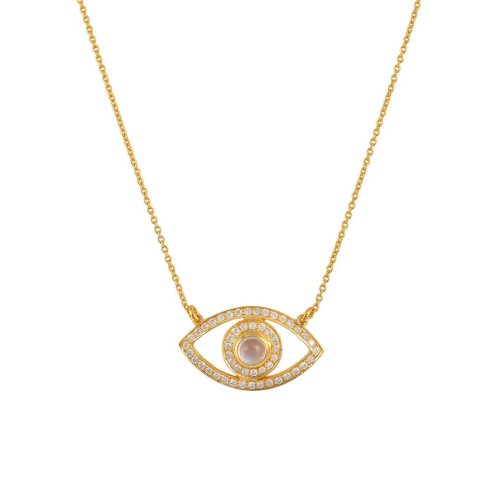 Round Cut Moonstone Pave Diamond Evil Eye Choker Necklace In Yellow Gold