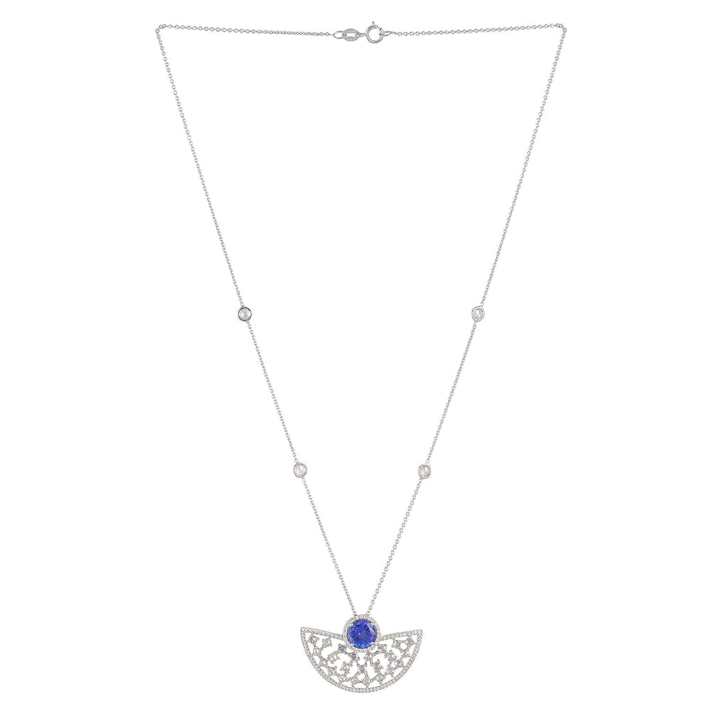 Natural Tanzanite Prong Uncut Diamond Geometric Princess Necklace In White Gold