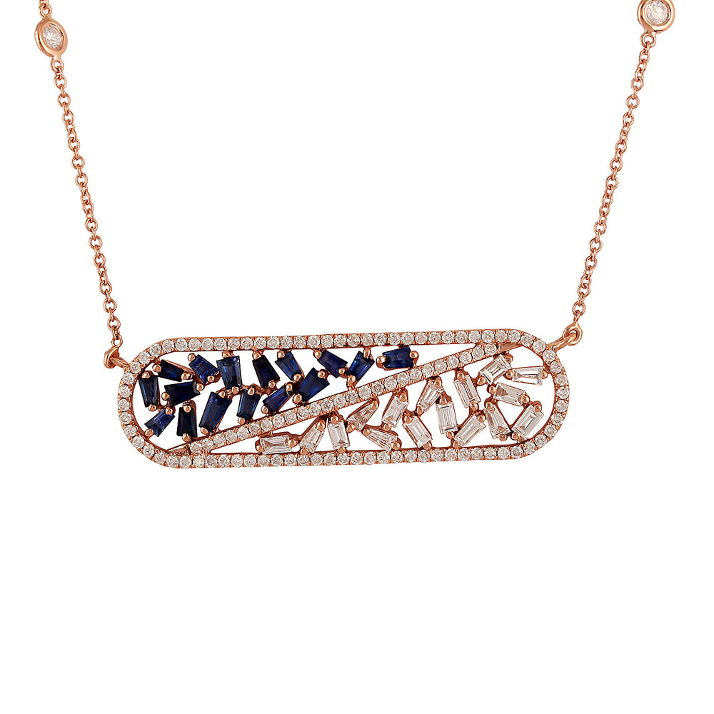 Baguette Blue Sapphire Prong Diamond In 18k Rose Gold Princess Necklace On Sale