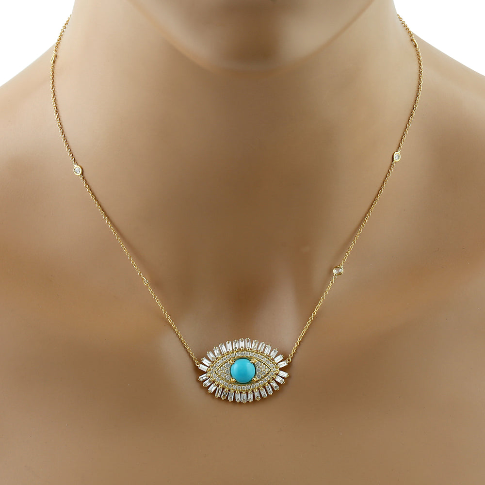 Baguette Diamond Prong Turquoise In 18k Yellow Gold Evil Eye Choker Necklace