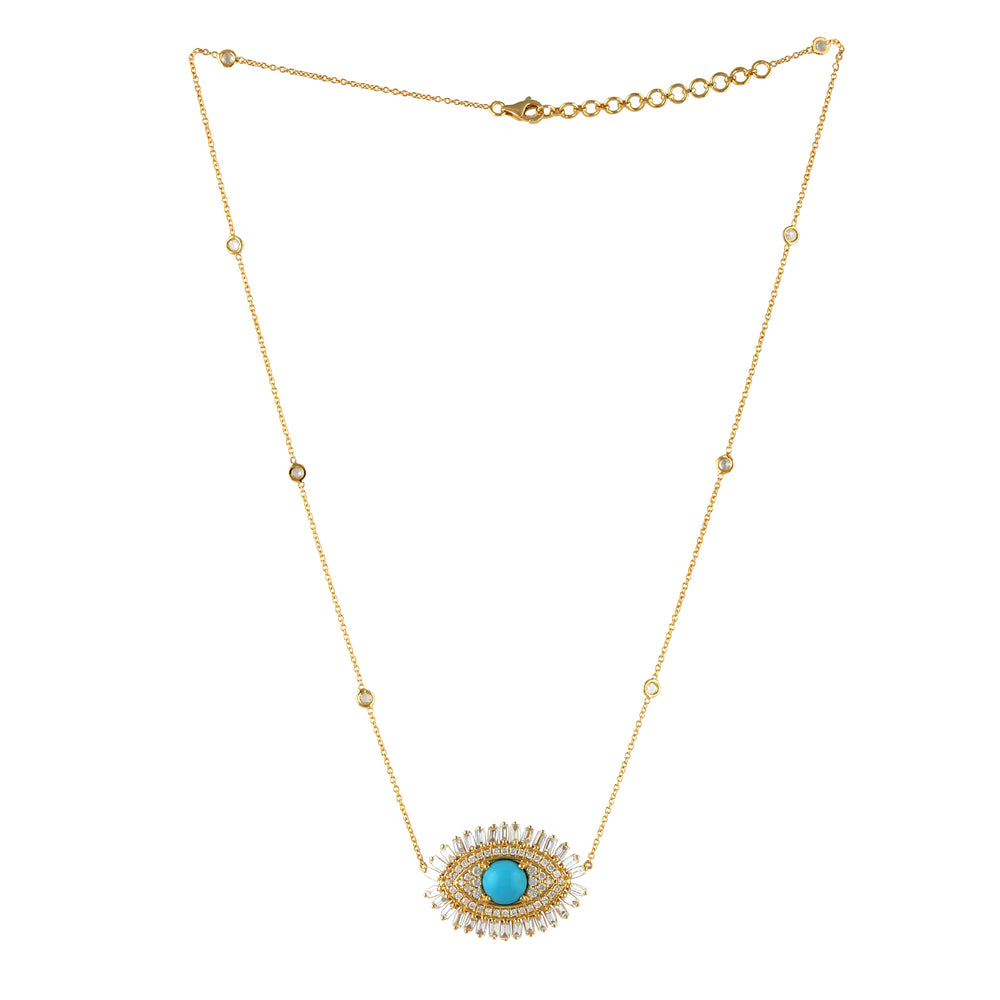 Baguette Diamond Prong Turquoise In 18k Yellow Gold Evil Eye Choker Necklace