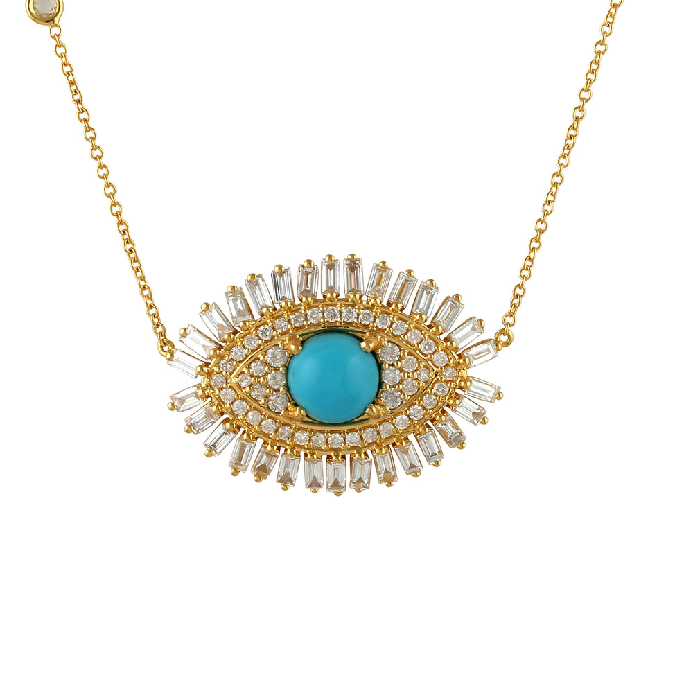 Baguette Diamond Prong Turquoise In 18k Yellow Gold Evil Eye Choker Necklace