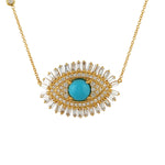 Baguette Diamond Prong Turquoise In 18k Yellow Gold Evil Eye Choker Necklace