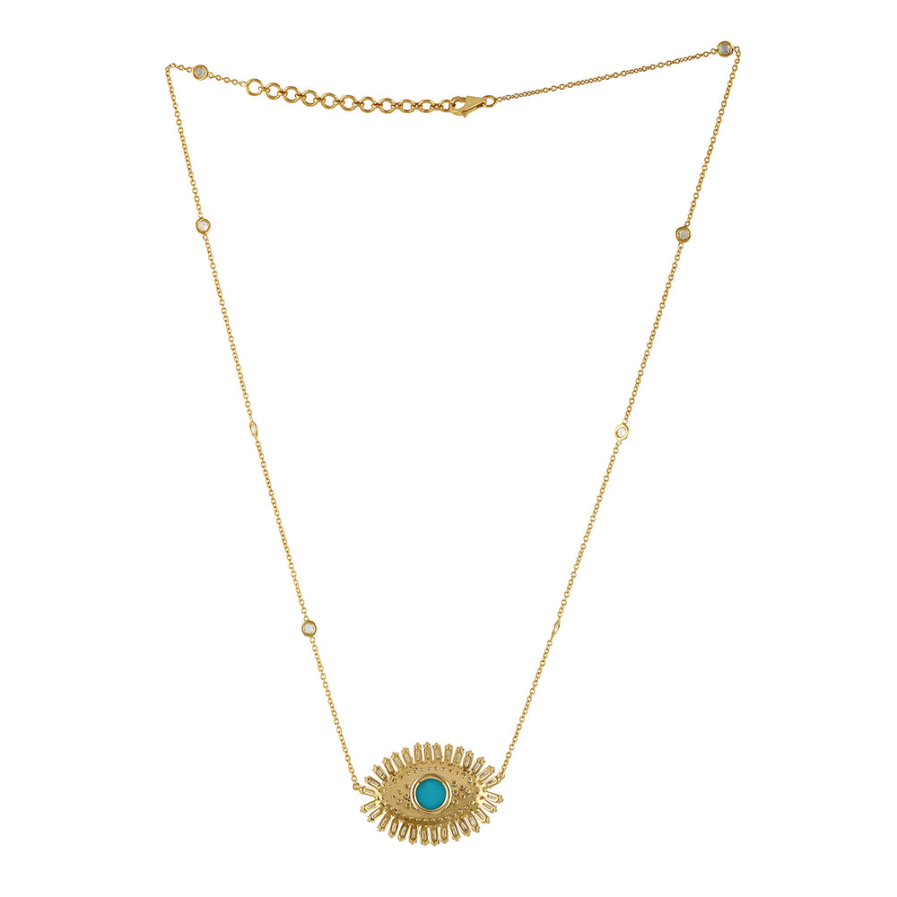 Baguette Diamond Prong Turquoise In 18k Yellow Gold Evil Eye Choker Necklace