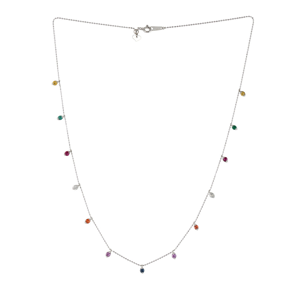 Multi Sapphire Prong Ruby Emerald Gemstone Princess Necklace In White Gold For Her