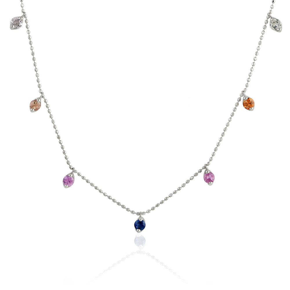 Multi Sapphire Prong Ruby Emerald Gemstone Princess Necklace In White Gold For Her