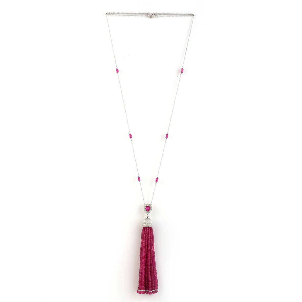 18k White Gold Natural Ruby beads Tassel Opera Necklace Diamond Jewelry