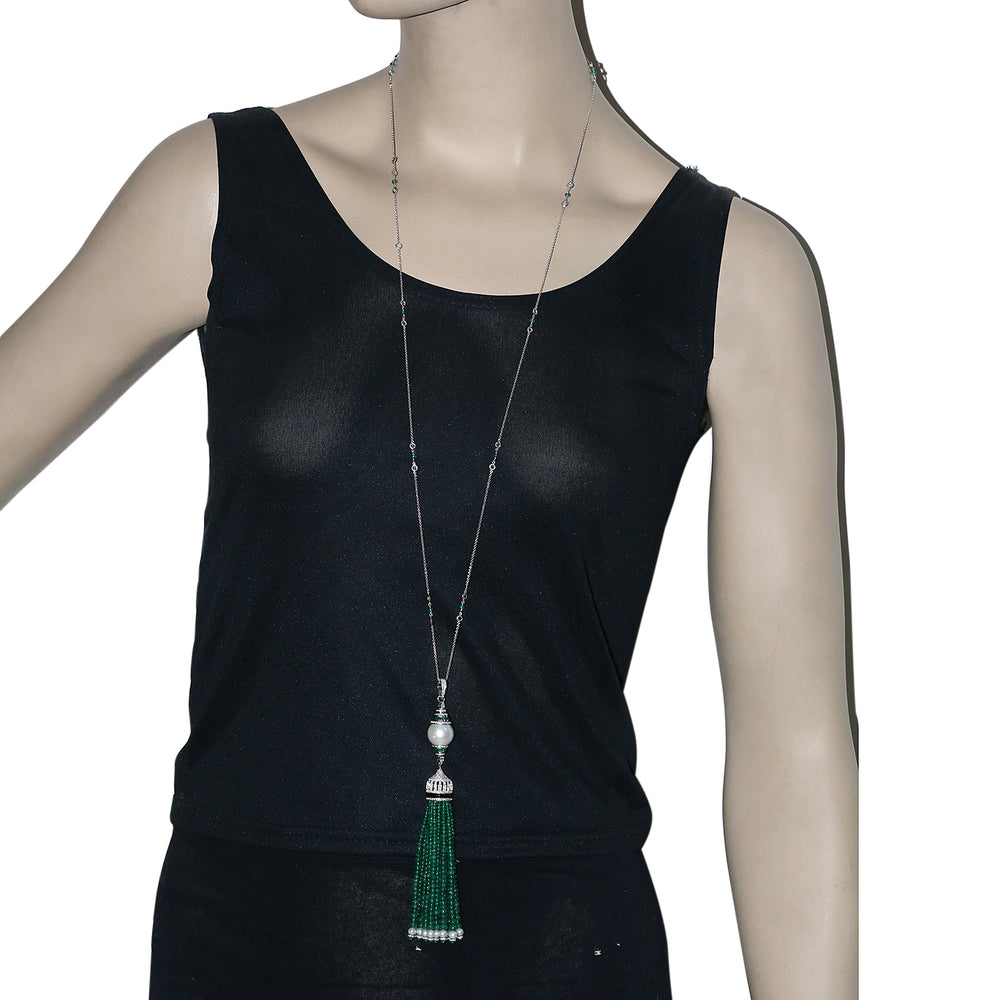 Faceted Beaded Emerald Pearl Chinses Multi Gemstone Tassel Rope Lariat Necklace In White Gold