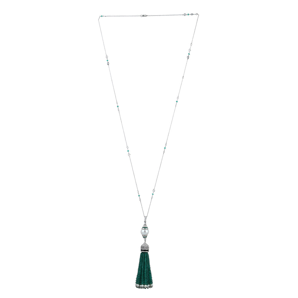 Faceted Beaded Emerald Pearl Chinses Multi Gemstone Tassel Rope Lariat Necklace In White Gold