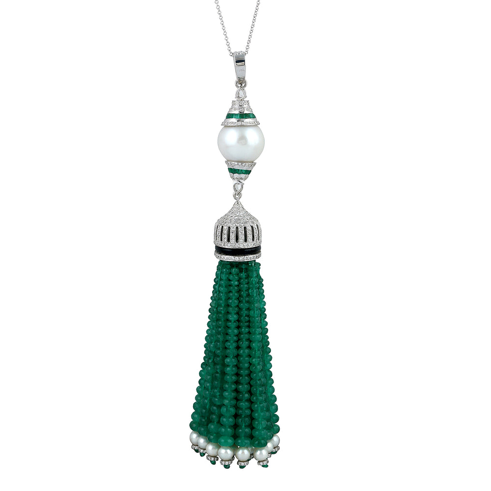 Faceted Beaded Emerald Pearl Chinses Multi Gemstone Tassel Rope Lariat Necklace In White Gold