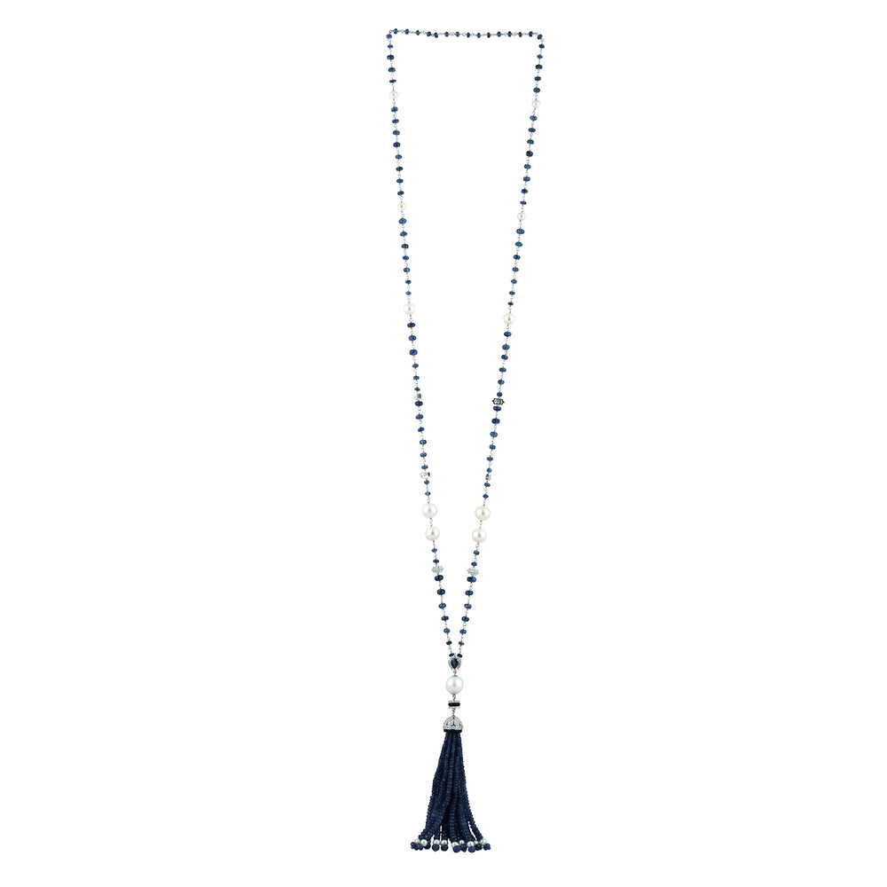 18k White Gold Chain Tassel Rope Lariat Necklace Pearl Chiness Onyx Sapphire Beads Diamond For Her On Sale