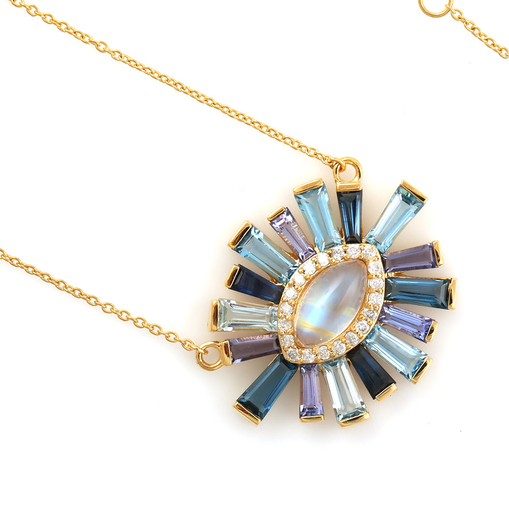 Tapered Baguette Iolite Moonstone Pave Diamond Chain Necklace In 18k Yellow Gold