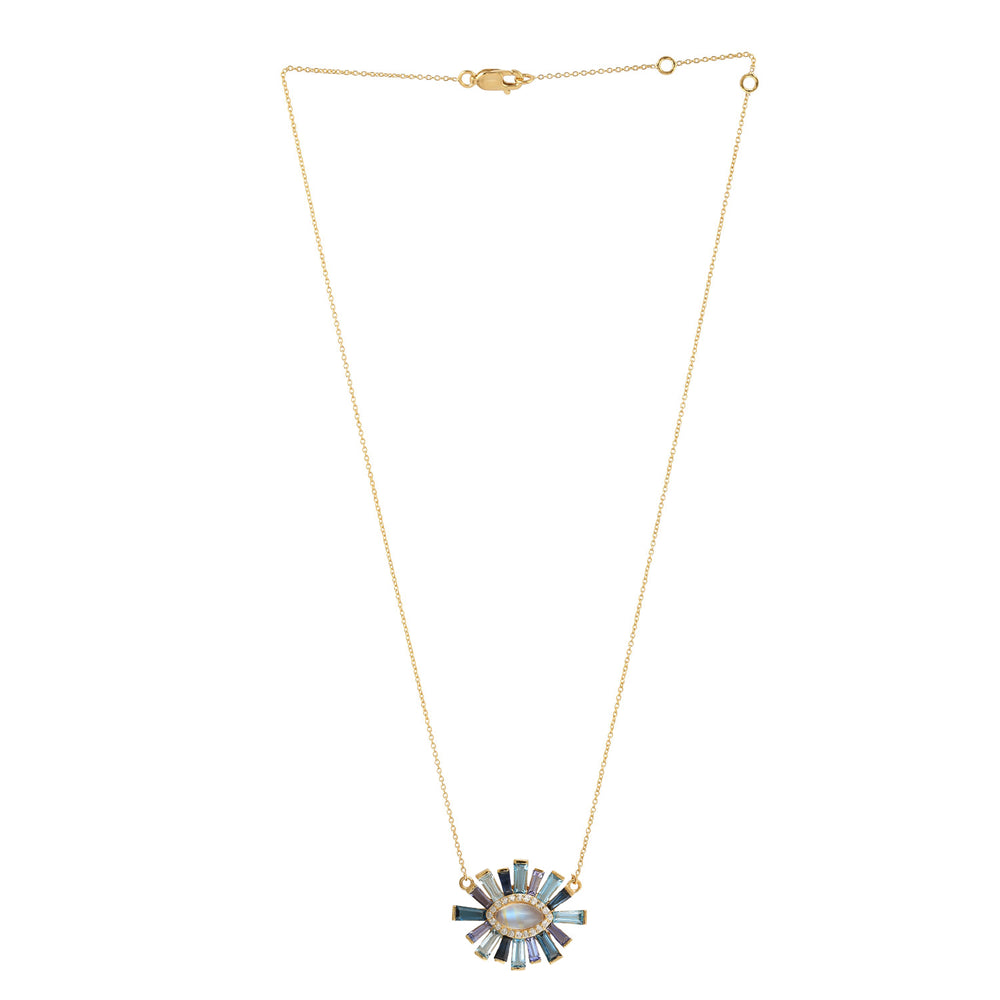 Tapered Baguette Iolite Moonstone Pave Diamond Chain Necklace In 18k Yellow Gold