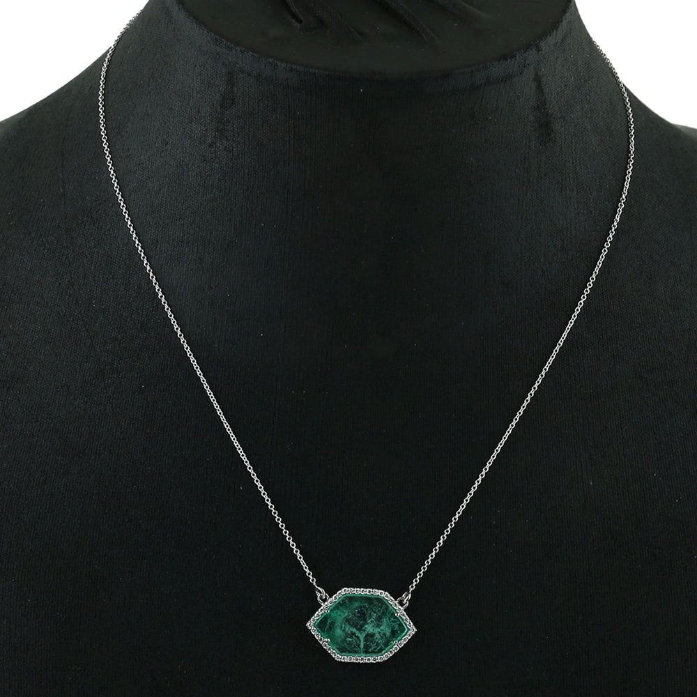 Hexagon Emerald Studded Diamond Pendant 18k White Gold Chain Princess Necklace For Her