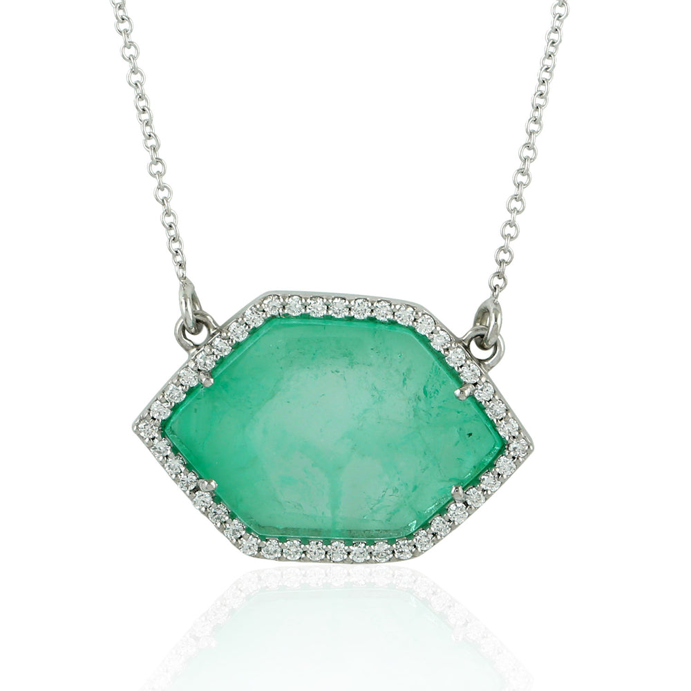 Hexagon Emerald Studded Diamond Pendant 18k White Gold Chain Princess Necklace For Her