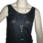 Beaded Emerald Pearl Fresh Water Pearl Tassel Rope Lariat Necklace In Gold For Women