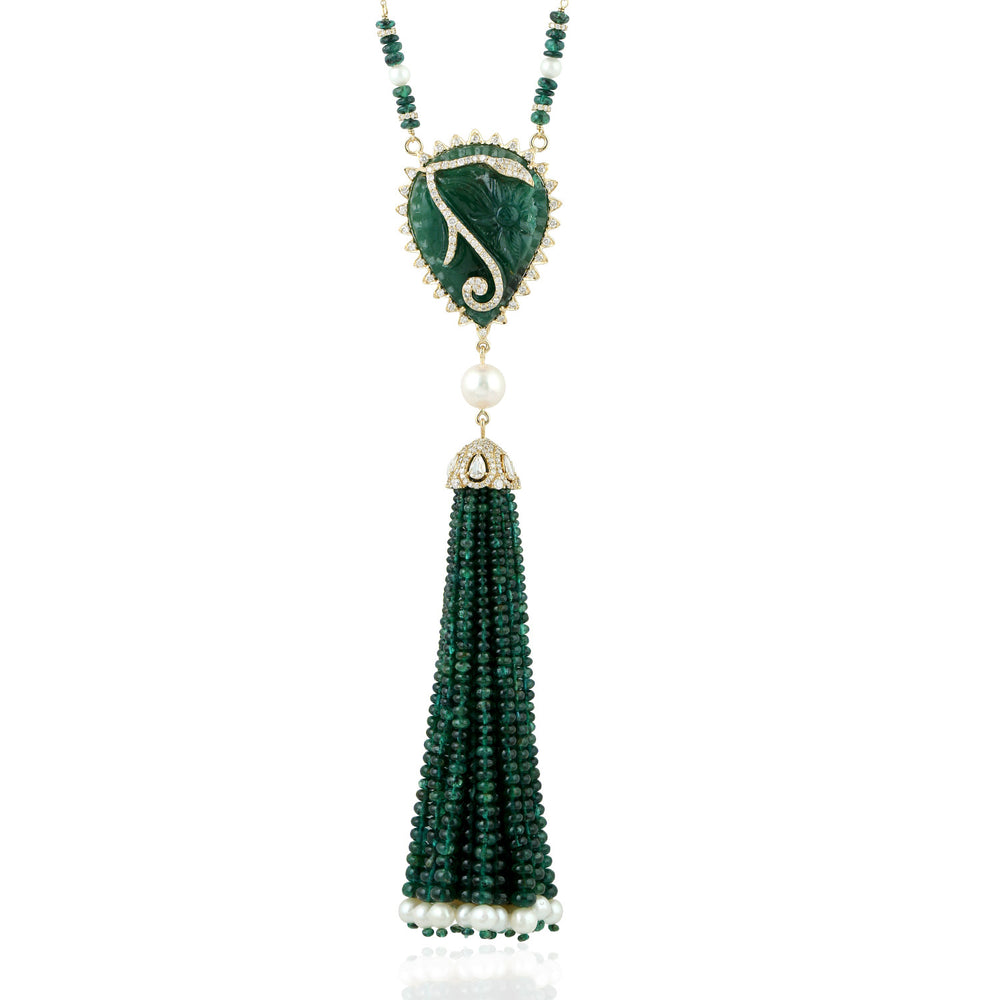Beaded Emerald Pearl Fresh Water Pearl Tassel Rope Lariat Necklace In Gold For Women