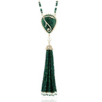 Beaded Emerald Pearl Fresh Water Pearl Tassel Rope Lariat Necklace In Gold For Women