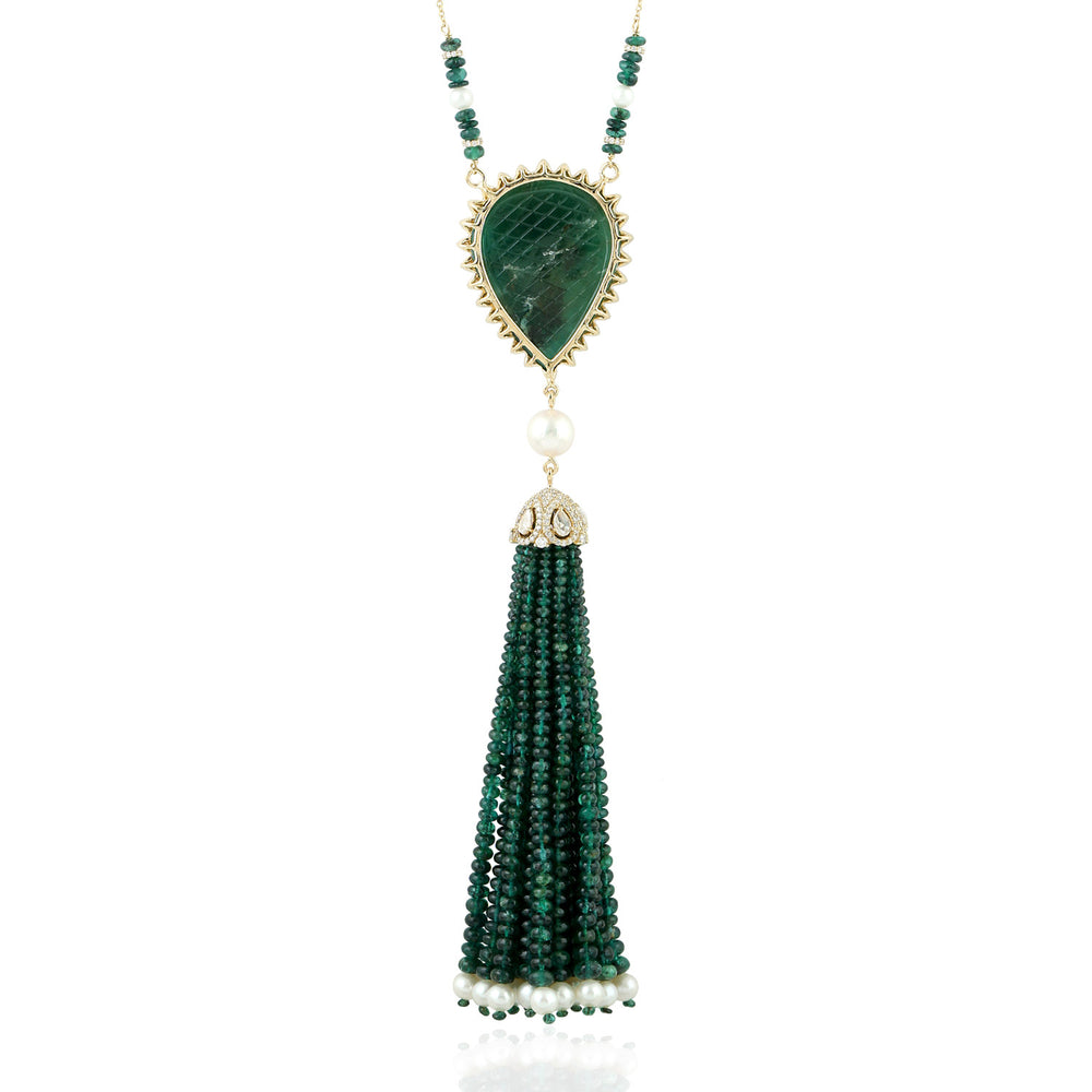 Beaded Emerald Pearl Fresh Water Pearl Tassel Rope Lariat Necklace In Gold For Women