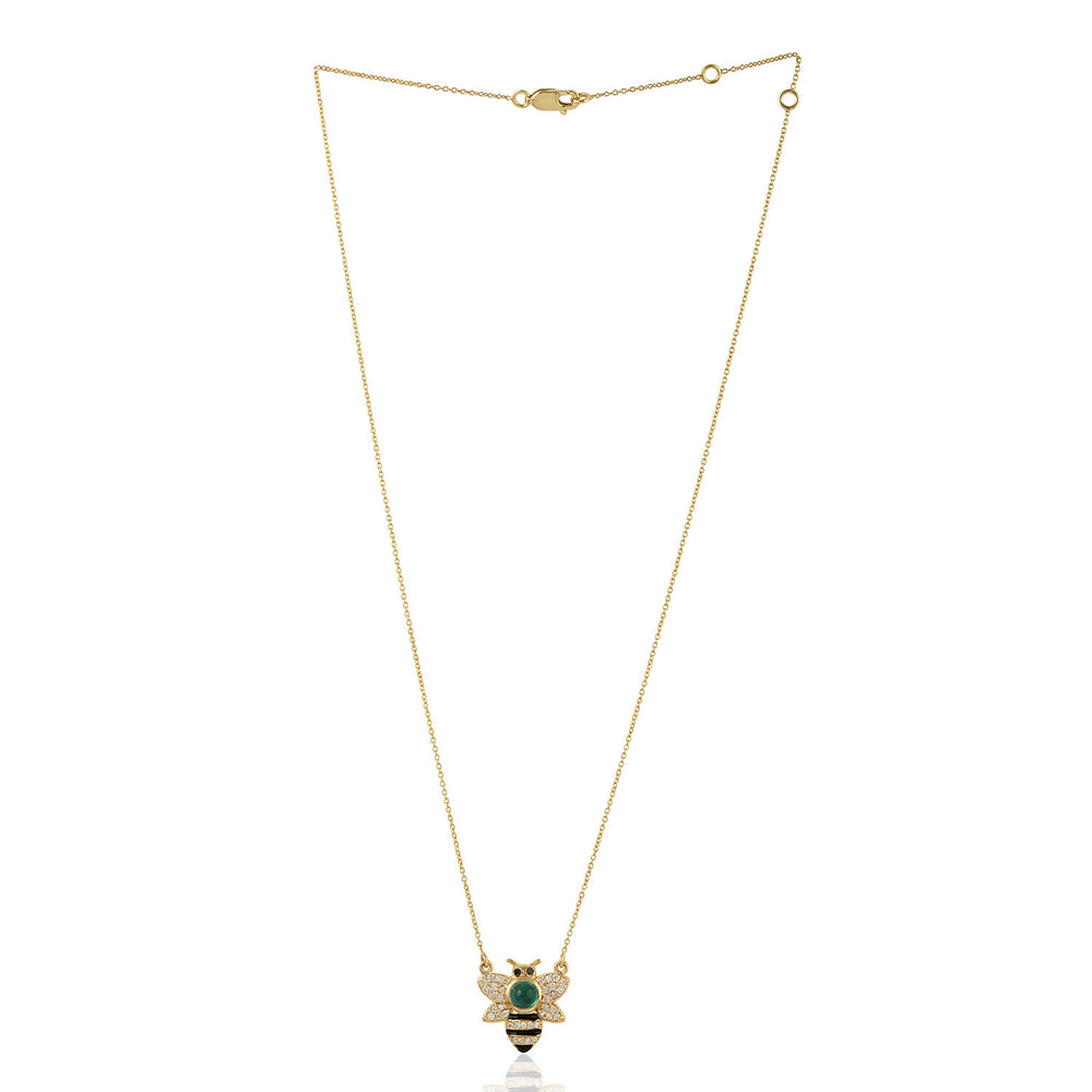 Bezel Set Emerald Pave Diamond Enamel Bee Design Necklace In Gold