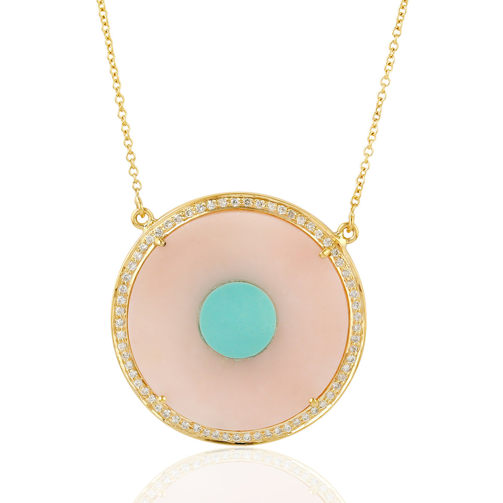 Turquoise Opal Pink Diamond Evil Eye 18k Yellow Gold Pendant Necklace For Her