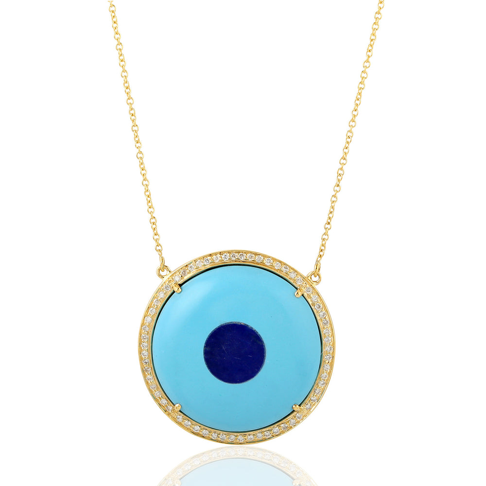 Natural Pave Diamond Evil Eye Turquoise 18k Yellow Gold Pendant