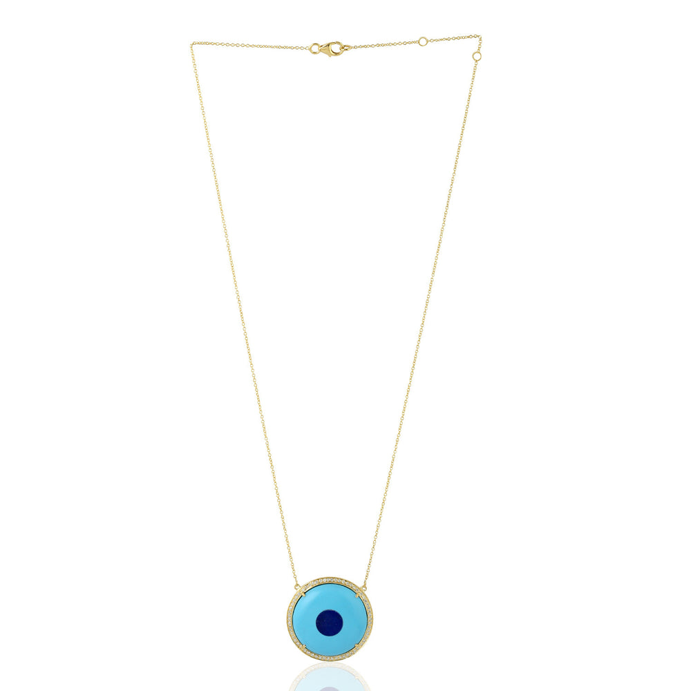 Natural Pave Diamond Evil Eye Turquoise 18k Yellow Gold Pendant