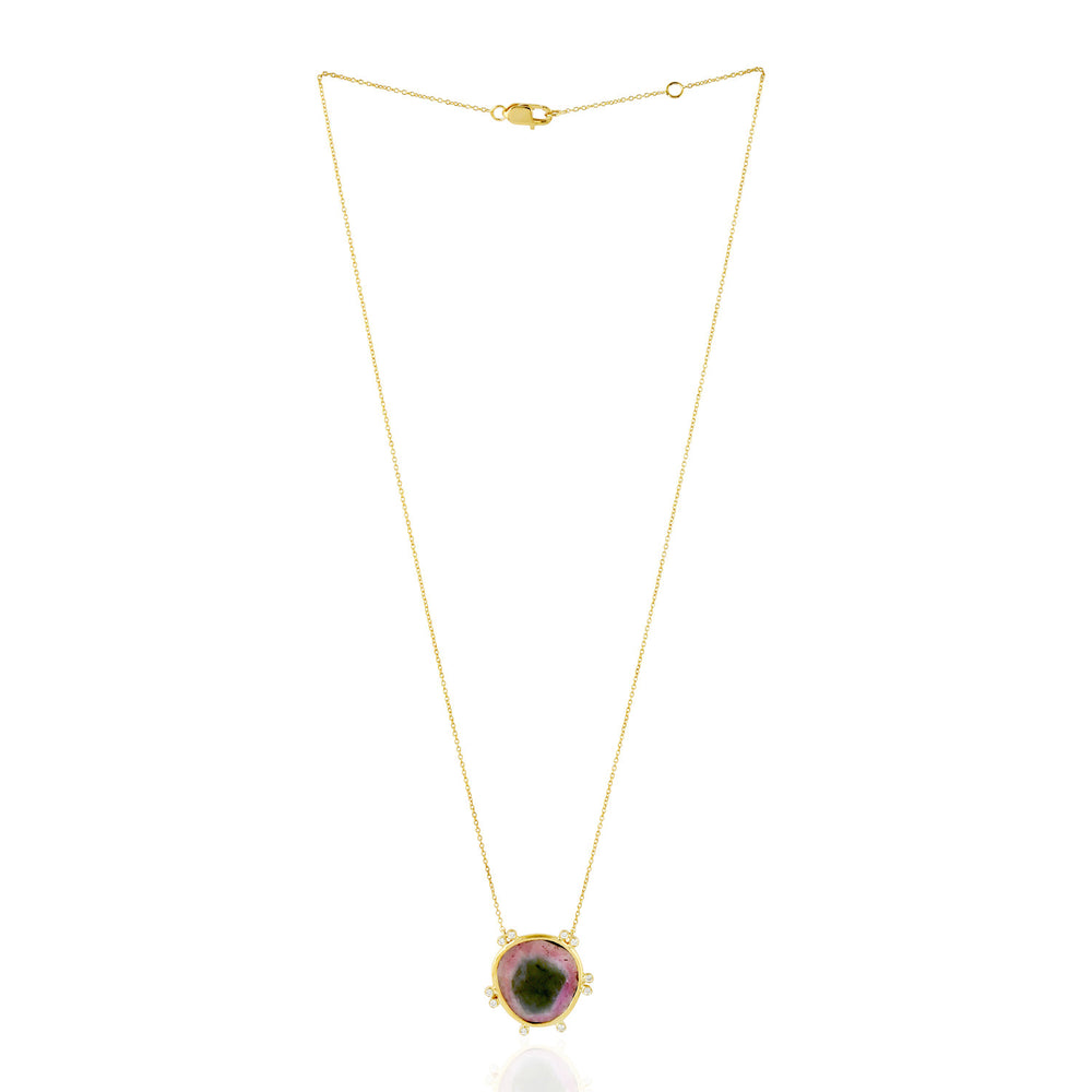 Slice Tourmaline Melon Bezel Set Rose Cut Diamond 18K Yellow Gold Princess Necklace For Gifts