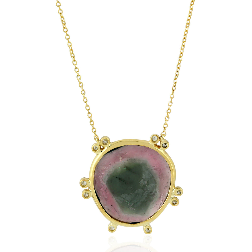 Slice Tourmaline Melon Bezel Set Rose Cut Diamond 18K Yellow Gold Princess Necklace For Gifts