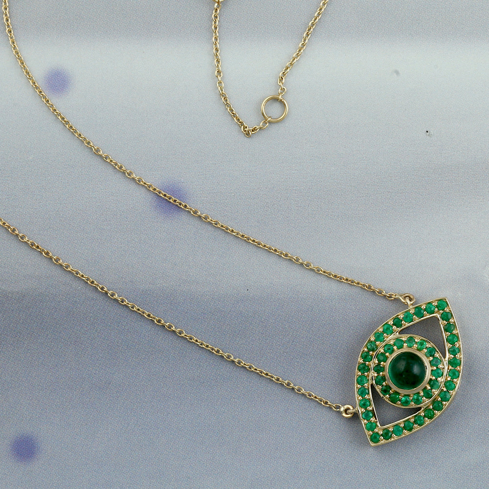 14K Yellow Gold Pave Emerald Gemstone Evil Eye Design Choker Necklace
