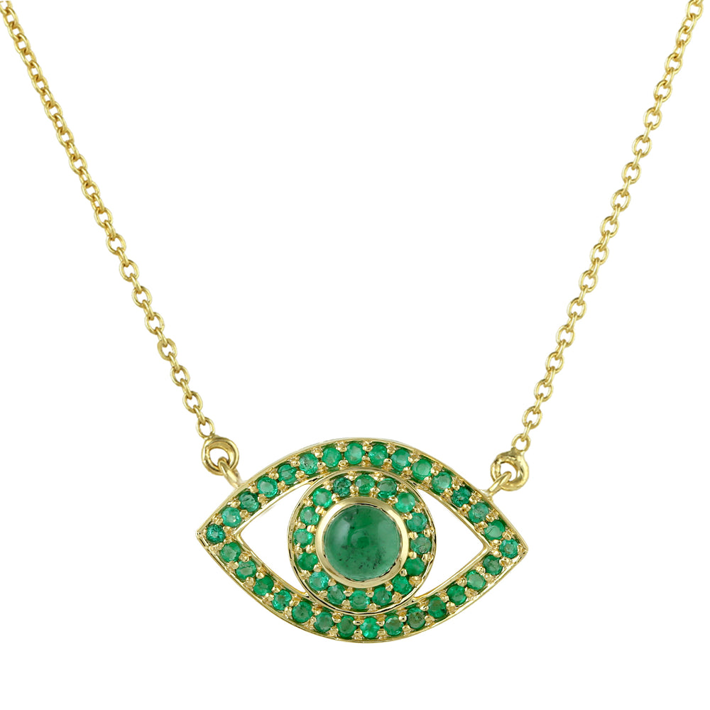 14K Yellow Gold Pave Emerald Gemstone Evil Eye Design Choker Necklace