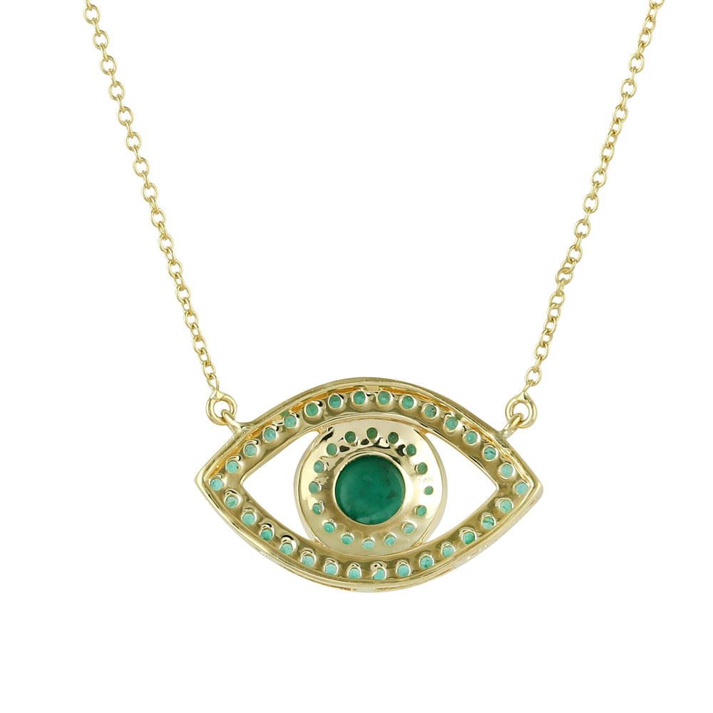 14K Yellow Gold Pave Emerald Gemstone Evil Eye Design Choker Necklace