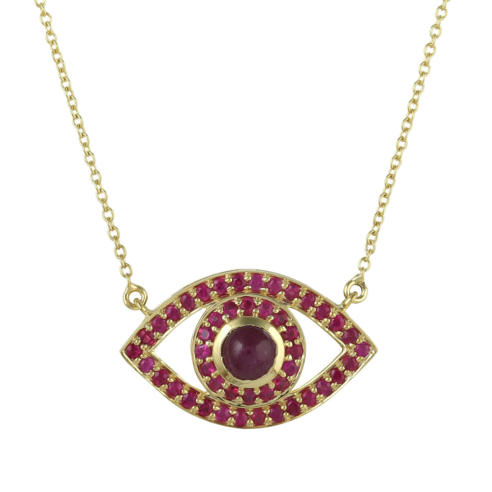 14K Yellow Gold Pave Ruby Gemstone Evil Eye Design Choker Necklace