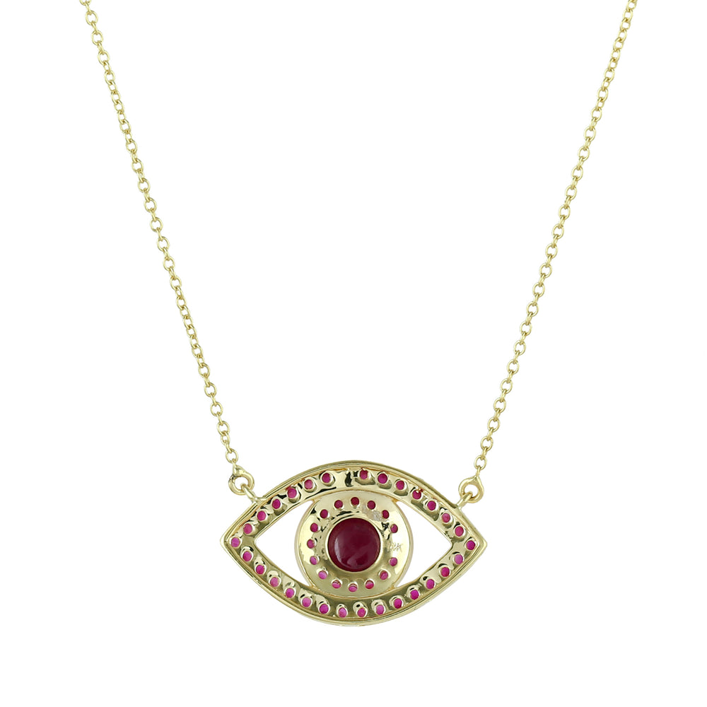 14K Yellow Gold Pave Ruby Gemstone Evil Eye Design Choker Necklace