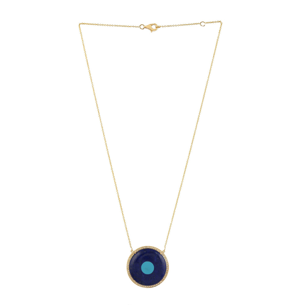 Natural Lapis & Turquoise Pave Diamond In 18k Yellow Gold Evil Eye Choker Necklace