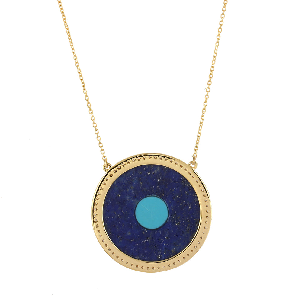 Natural Lapis & Turquoise Pave Diamond In 18k Yellow Gold Evil Eye Choker Necklace
