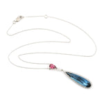 18K White Gold Pear Cut Blue Topaz Pink Tourmaline Prong Diamond Princess Necklace