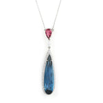 18K White Gold Pear Cut Blue Topaz Pink Tourmaline Prong Diamond Princess Necklace