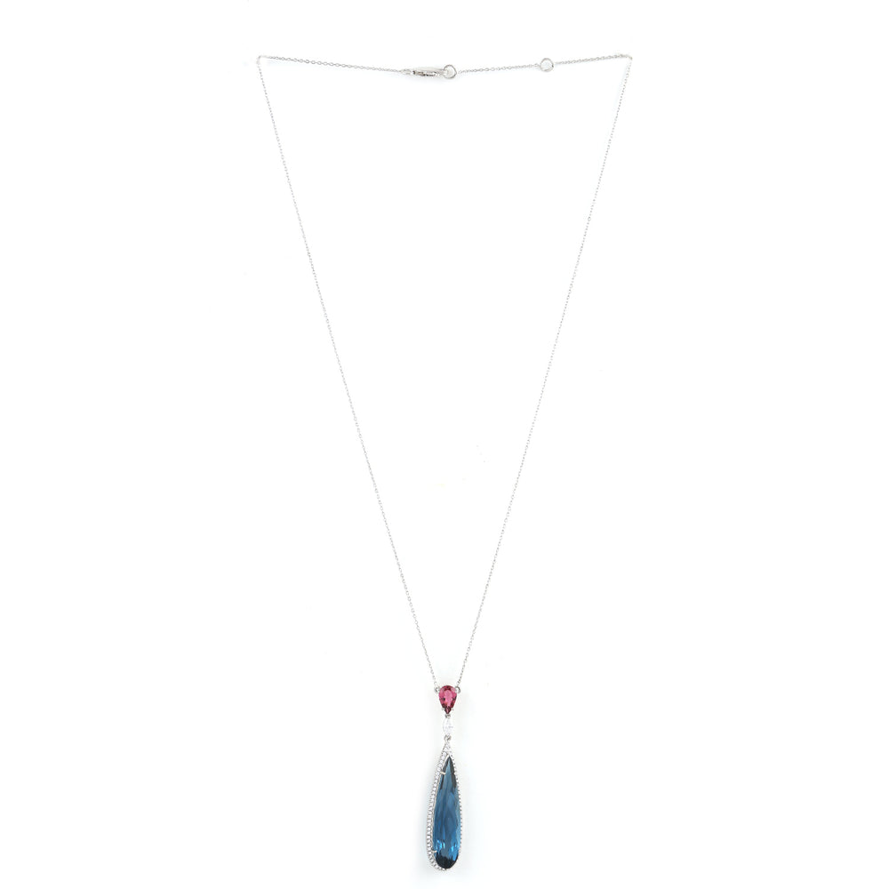 18K White Gold Pear Cut Blue Topaz Pink Tourmaline Prong Diamond Princess Necklace