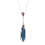 18K White Gold Pear Cut Blue Topaz Pink Tourmaline Prong Diamond Princess Necklace