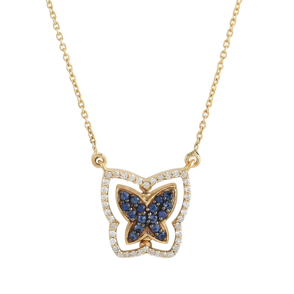 Yellow Gold Pave Blue Sapphire & Black White Diamond Butterfly Twisted Princess Necklace